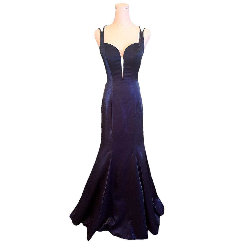La Femme Y2K Blue Mermaid Flair Evening Gown Formal Prom Dress Illusion Plunge 6 - Picture 2 of 12